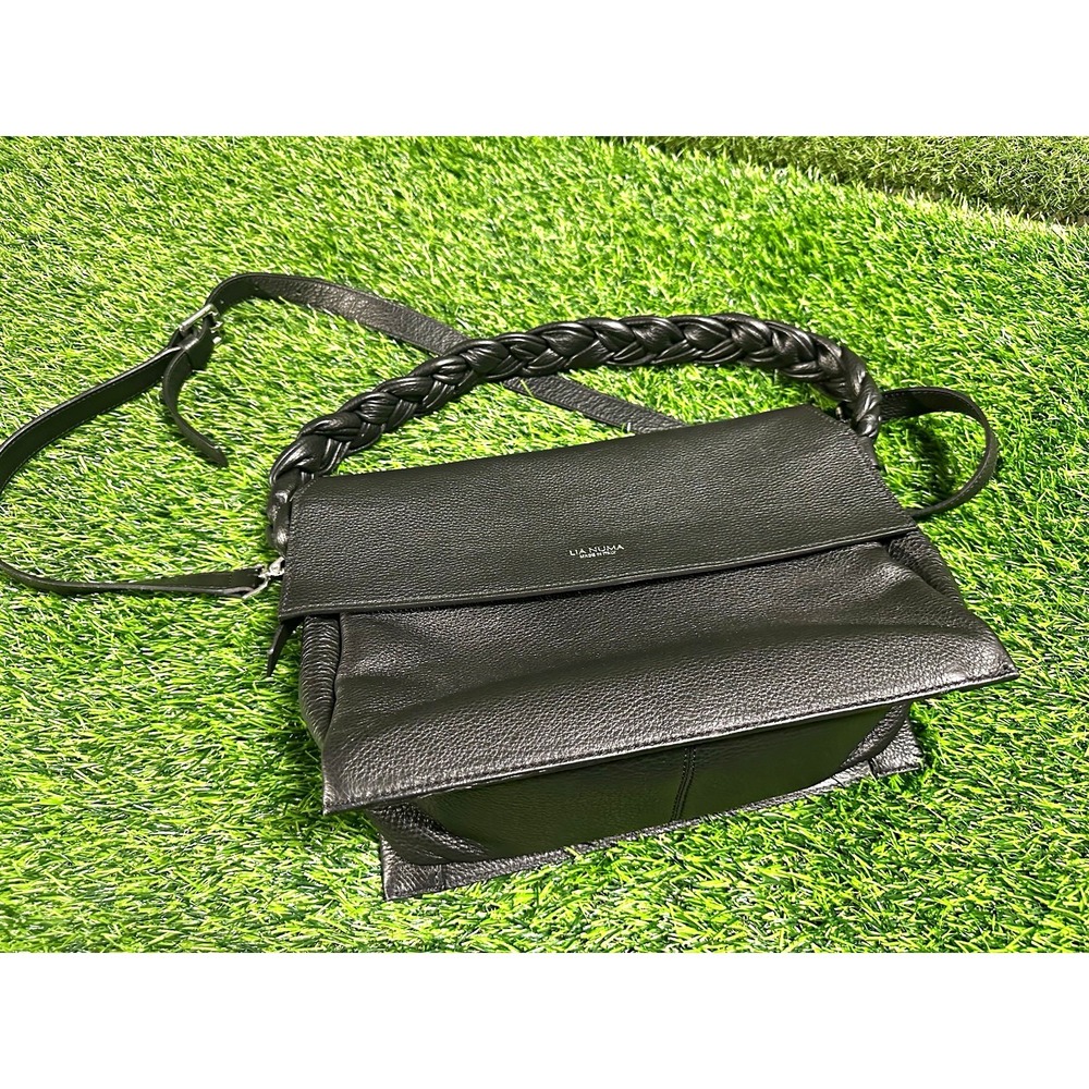 LIA NUMA Made In Italy Black Pebbled Leather Braided Handle Shoulder Bag Silver